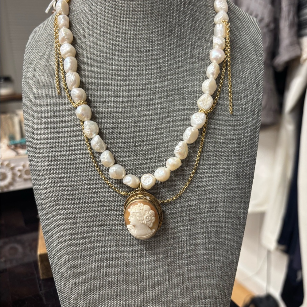 Freshwater pearls with vintage cameo pendant handmade necklace by Pamela